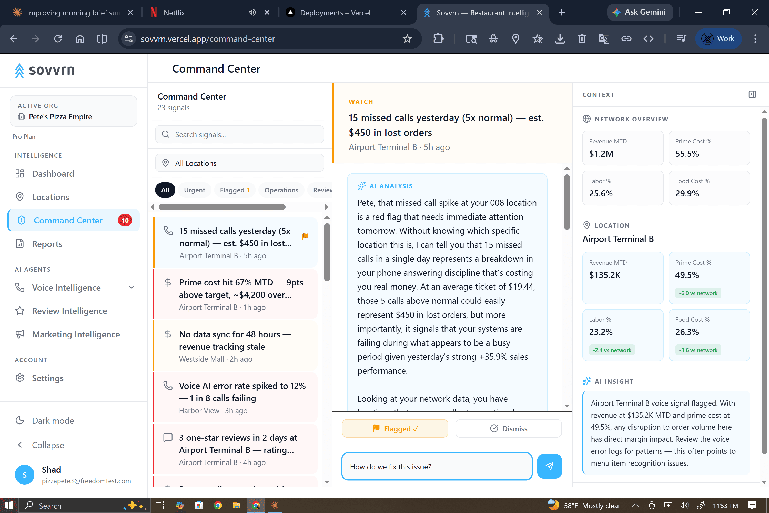 Sovvrn Command Center showing a flagged signal with AI analysis and follow-up question — intelligence in action