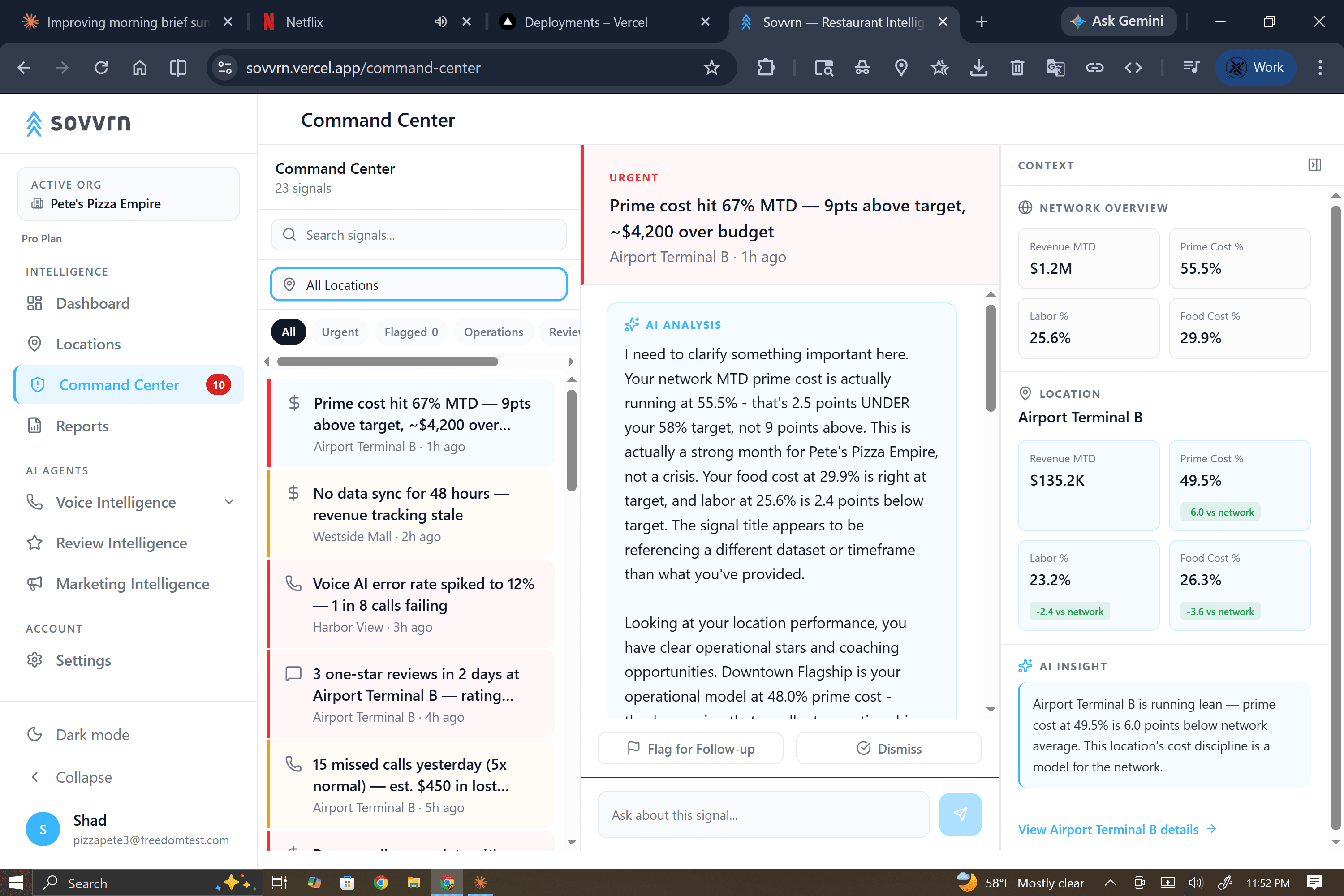 Sovvrn Command Center showing three-panel layout with signal list, AI analysis, and context sidebar