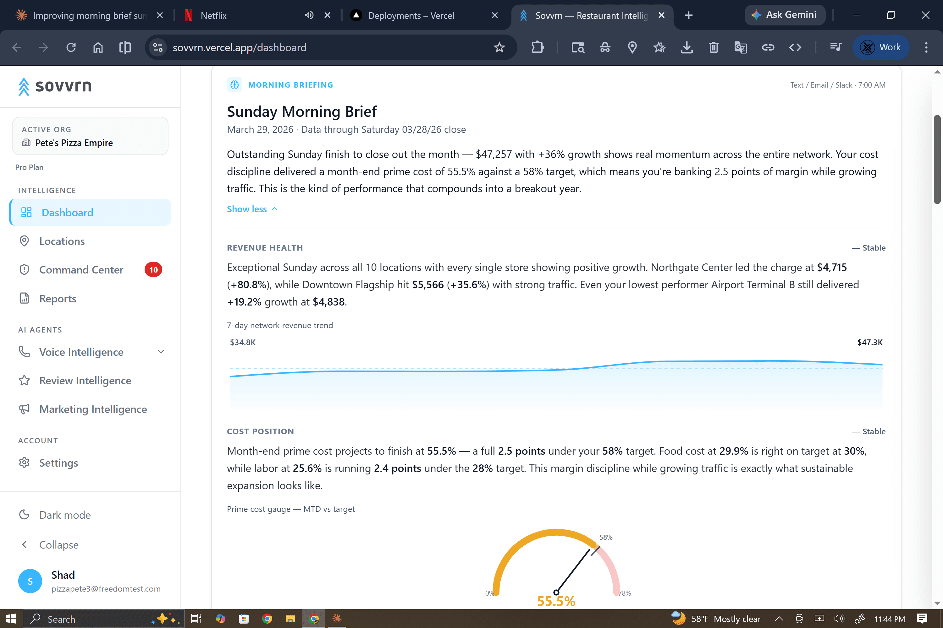 Expanded AI coaching narrative with Revenue Health and Cost Position sections in the morning briefing